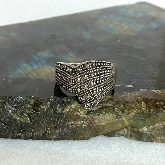 Sterling Silver 925 Art Deco Style Marcasite Asymmetric Wide Band Ring Sz 6.5 - Picture 11 of 16